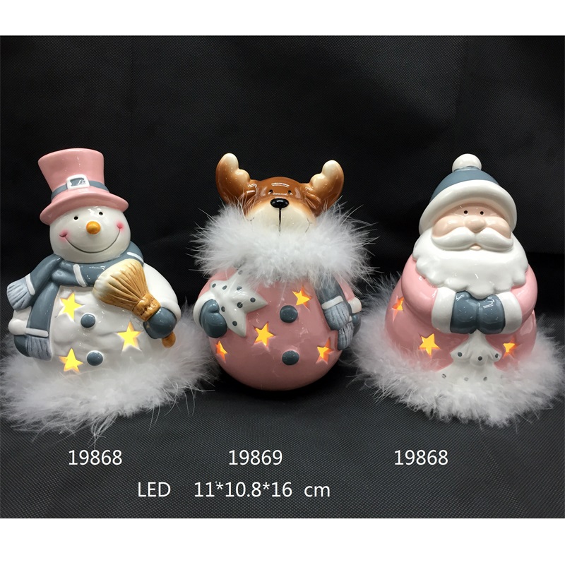 Keramische Weihnachtsmann und Schneemann und Rehe mit LED und Feder, Modefarbe