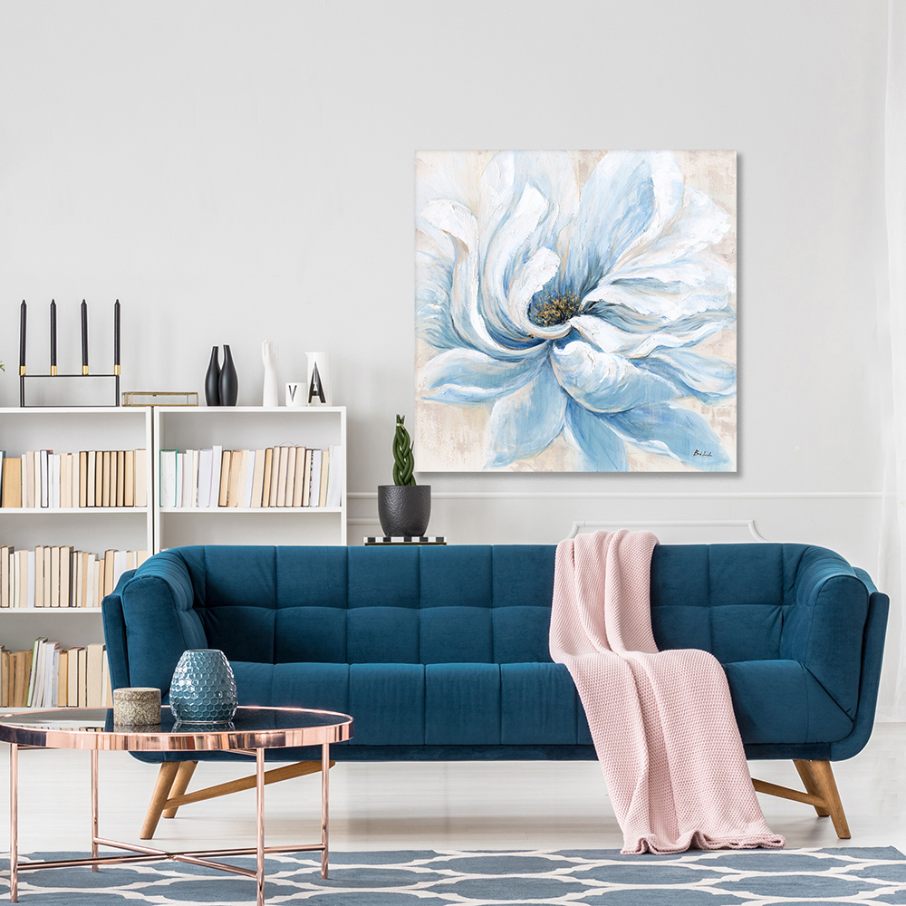 Home Decor Blue Floral Handgemalte Acrylmalerei Umwickelte Leinwand