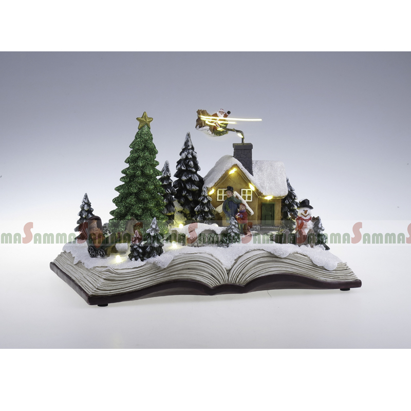 Offenes Buch Weihnachtszene, Drehbaum und Santa-Schlitten, LED beleuchtet