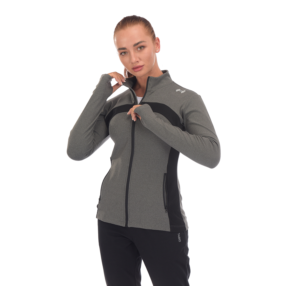 Restbestände an Bekleidung, Fertiglieferant für langärmlige Sport-Lauf-T-Shirts mit Reißverschluss in Schwarz/Grau für Damen