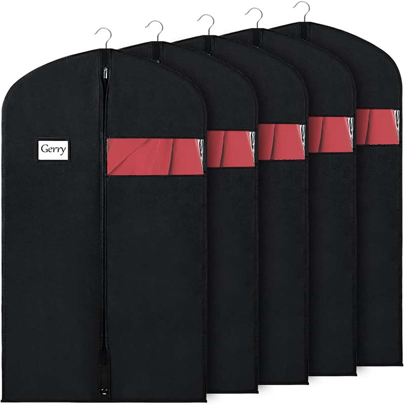 Passen Sie den in der Boutique erhältlichen Vliesstoff-Kleidersack aus schwarzem Organza mit Reißverschluss und Anzughülle mit transparentem Sichtfenster individuell an