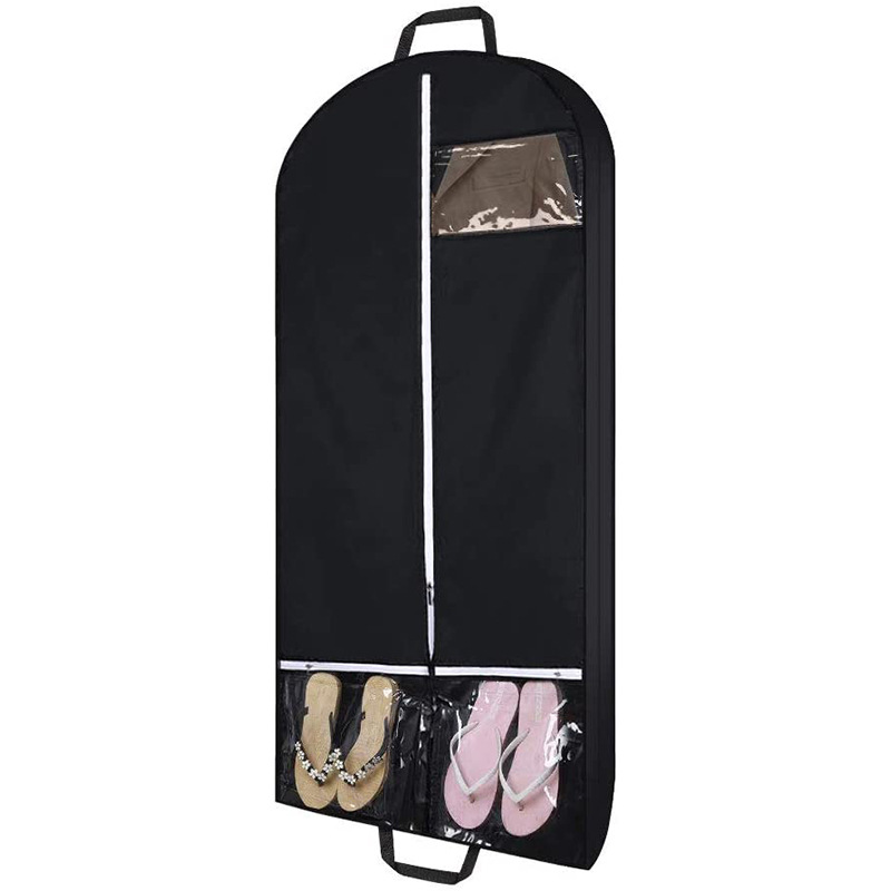 Staubdichte Kleidungstasche aus schwarzem Polyester mit mehreren transparenten Taschen und Kleideraufbewahrungstasche mit Seitengurt-Anzugabdeckung