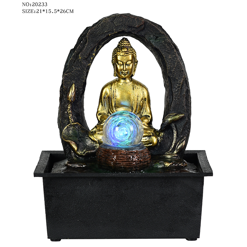 Sehr schöner religiöser Buddha-Wasserbrunnen aus Kunstharz mit Glaskugel für die Innendekoration