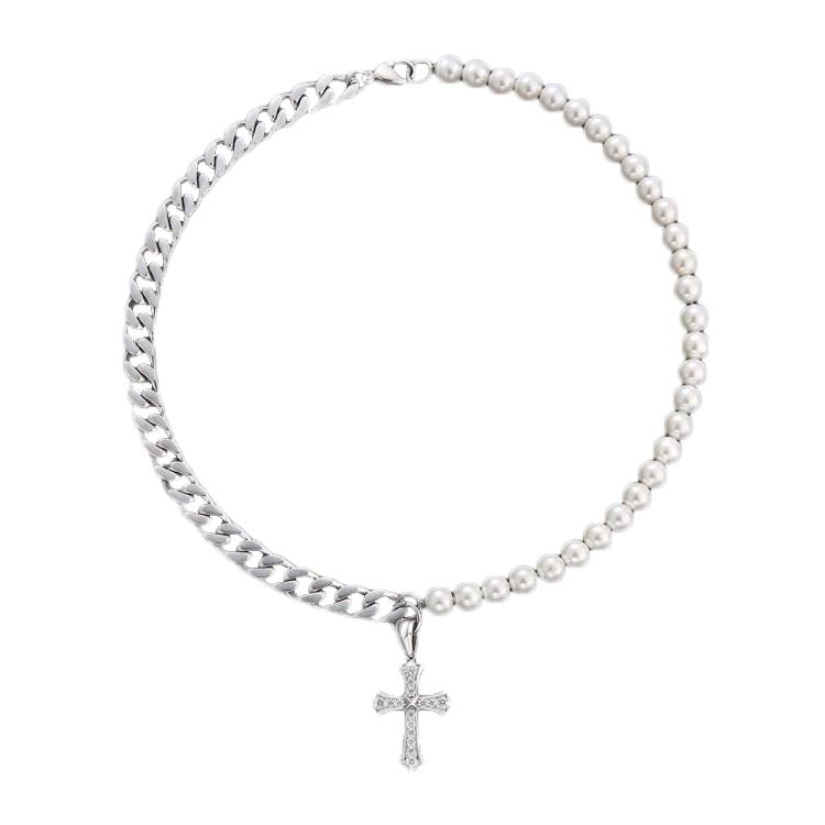 8 mm große Halskette mit Perlen und Kreuz
